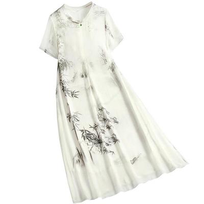 New Chinese Style Printed A-Line Mid-Length Dress