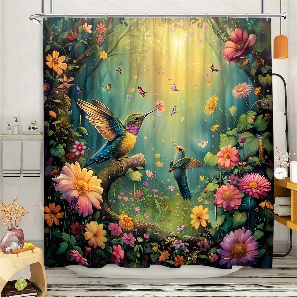 Hummingbird Shower Curtain Floral Botanical Farm Landscape Vintage Jungle Modern Home Polyester Fabric Bathroom Decor Curtains