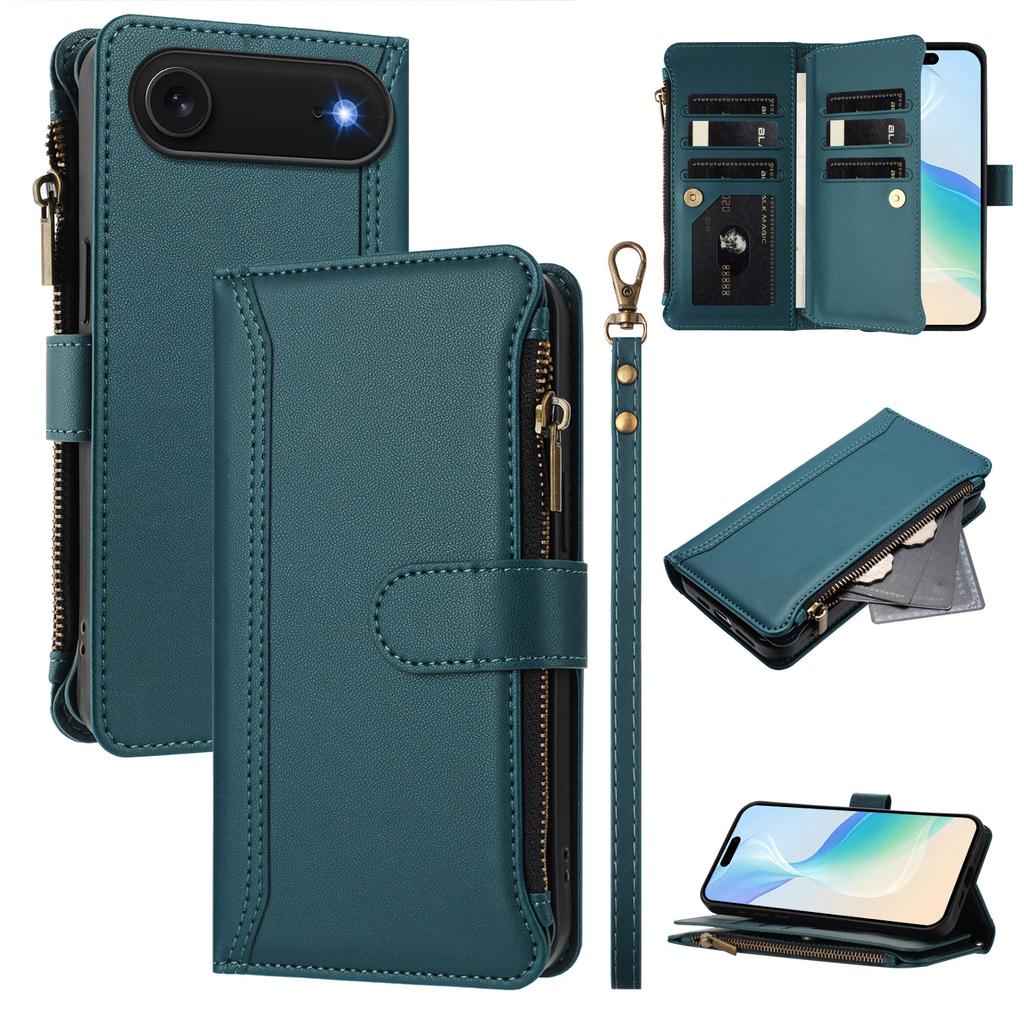For iPhone 17 Air Leather Case 9 Card Slots Zipper Wallet Stand Phone Cover with Wrist Strap