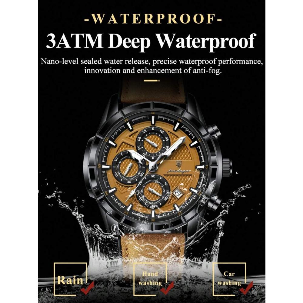 POEDAGAR 1pc Men's Fashion Casual Wristwatch, PU Leather Strap Quartz Watch,Waterproof Luminous Date Chronograph Design, Gift For Men