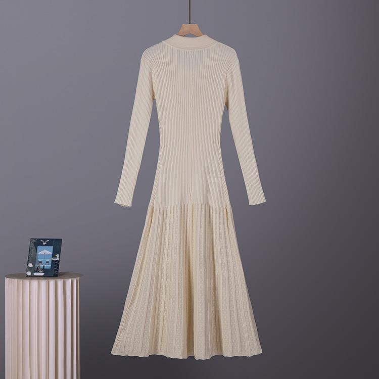 POLO neck knitted big swing skirt, European and American slim-fitting waist medium and long skirt women's knitted dress women