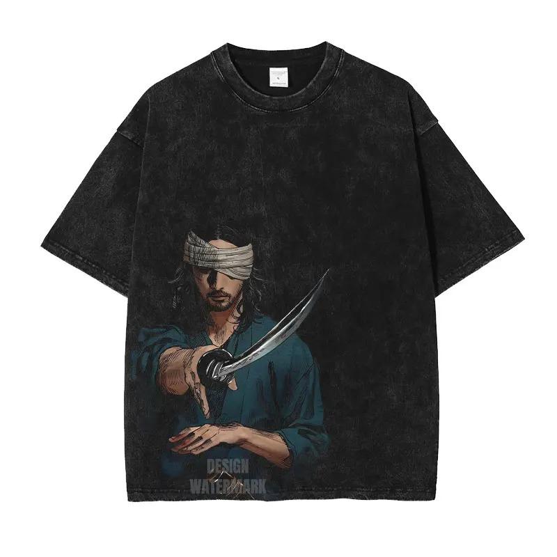 Miyamoto Musashi Samurai "Control Your Anger" Quote Vintage Acid Washed Double Sided Oversized Streetwear Japanese Samurai Graphic T-Shirt Top