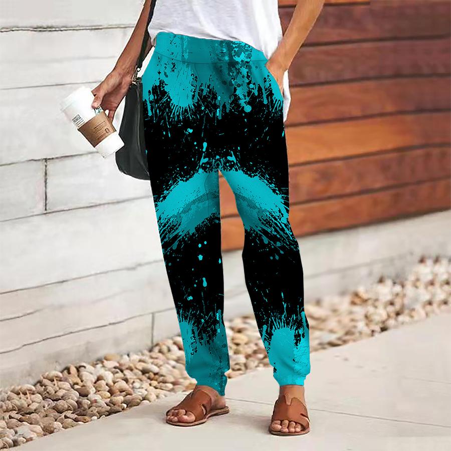 Women Multicolored Printing Pants Lace Up Elastic Waist Loose  Trousers Casual Long Pants Trousers with Pockets