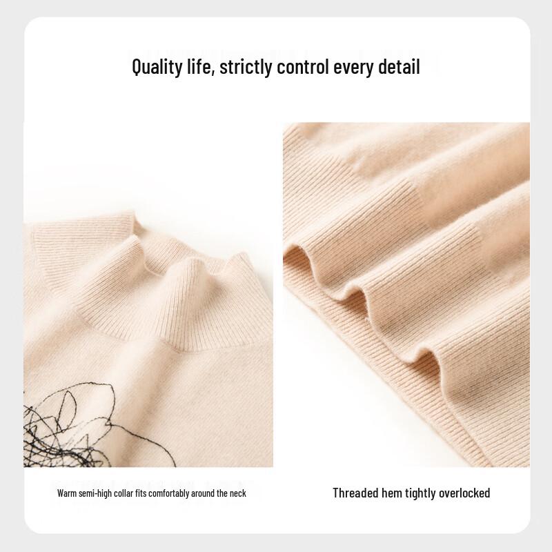 TUHUANG Women's 100% Pure Wool Embroidered Half-High Collar Sweater