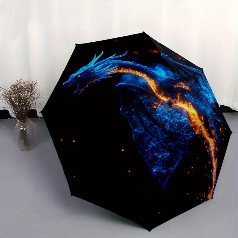 1pc Blue Dragon with Fiery Trail Soaring Through Starry Night Sky Durable Cartoon Folding Umbrella, Portable 3-Fold Compact Umbrella for Men and Women