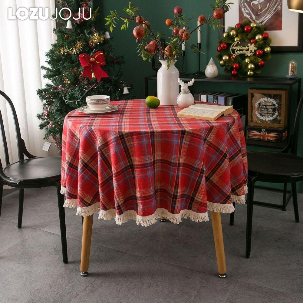1PC LOZUJOJU Christmas Plaid Printed Tassel Edge Table cloth Retro Party Decoration Table cloth for Kitchen Dining Table Coffee Table Home Decor