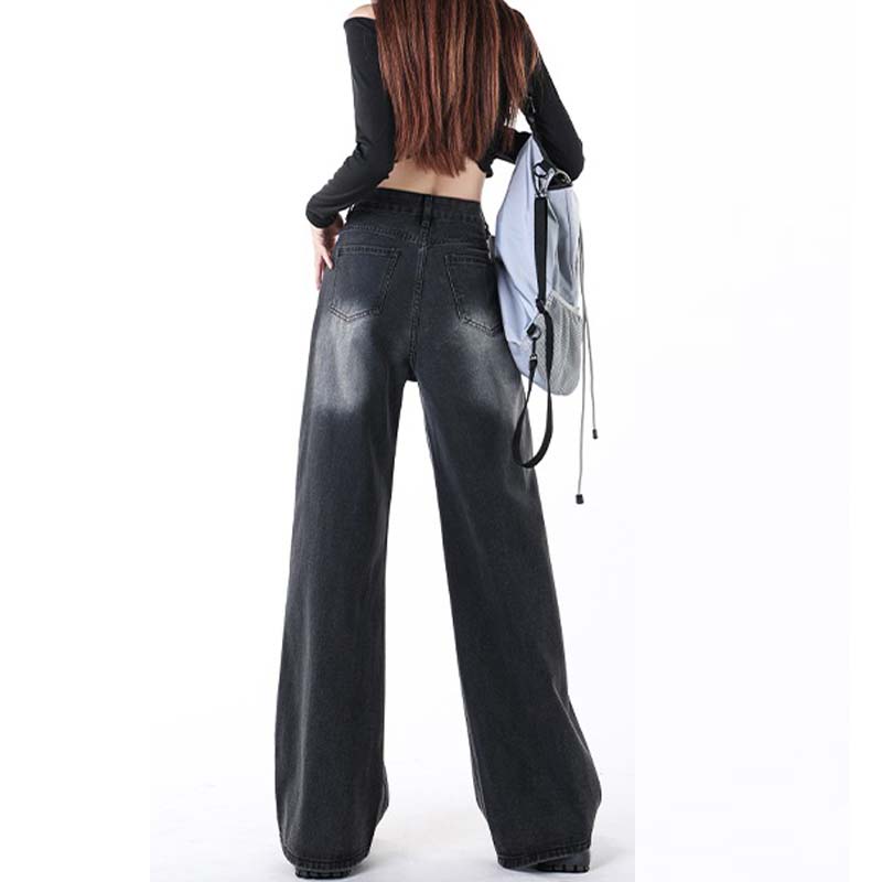 Retro Women's Jeans Autumn Winter Thicken Plus Velvet Dark Grey Denim Trousers High-Waisted Straight Pants Warm  Clothing