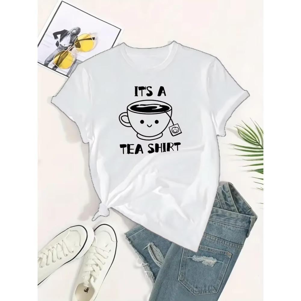 Übergröße Freizeit-T-Shirt Damen Übergröße Cartoon Tee & Buchstaben-Print Kurzarm Rundhals Leicht dehnbares T-Shirt