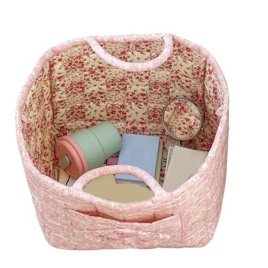 Fabric Storage Basket with Small Pocket Floral Boho Laundry Basket Large Capacity Collapsible Foldable Clothes Storage слоновая кость
