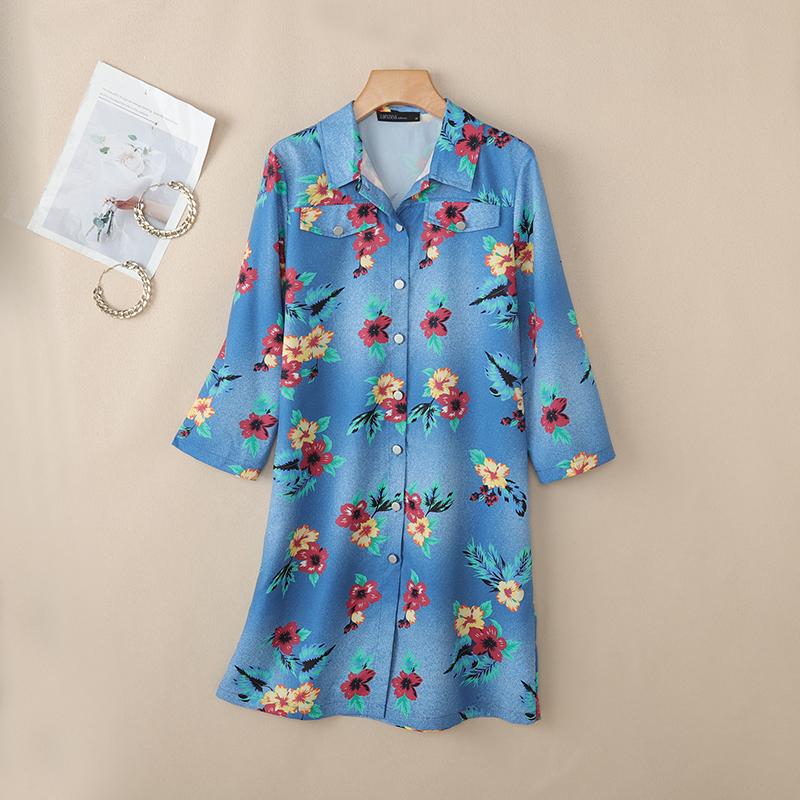 ZANZEA Women Casual Turn Down Collar 3/4 Sleeve Floral Print Shirt Dress S синий