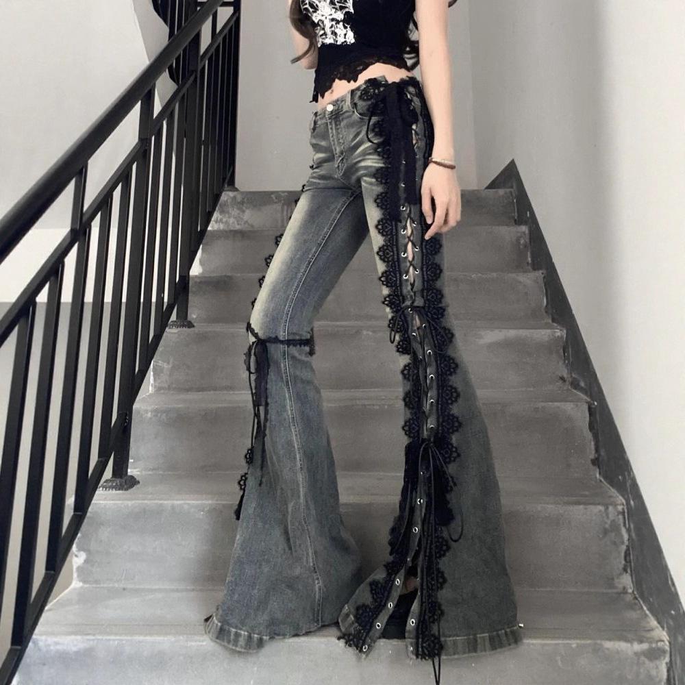 Pantaloni in Denim Vintage Y2k con Spalline in Pizzo e Spacco Gamba Dritta Larga Jeans a Zampa d'Elefante Estivi per Donna