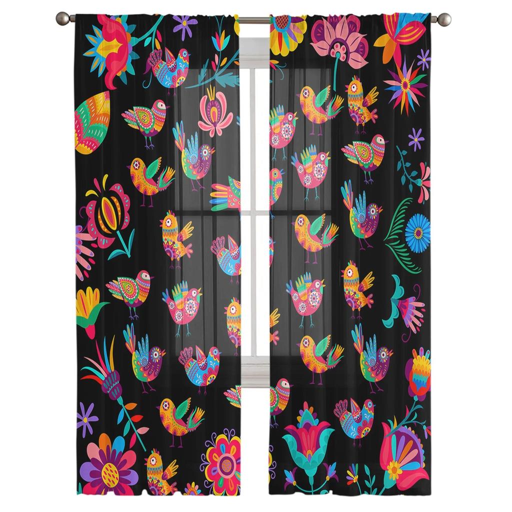 Mexican Festival Pattern Texture Bedroom Transparent Sheer Curtains Holiday Decoration Window Voile Tulle Curtain