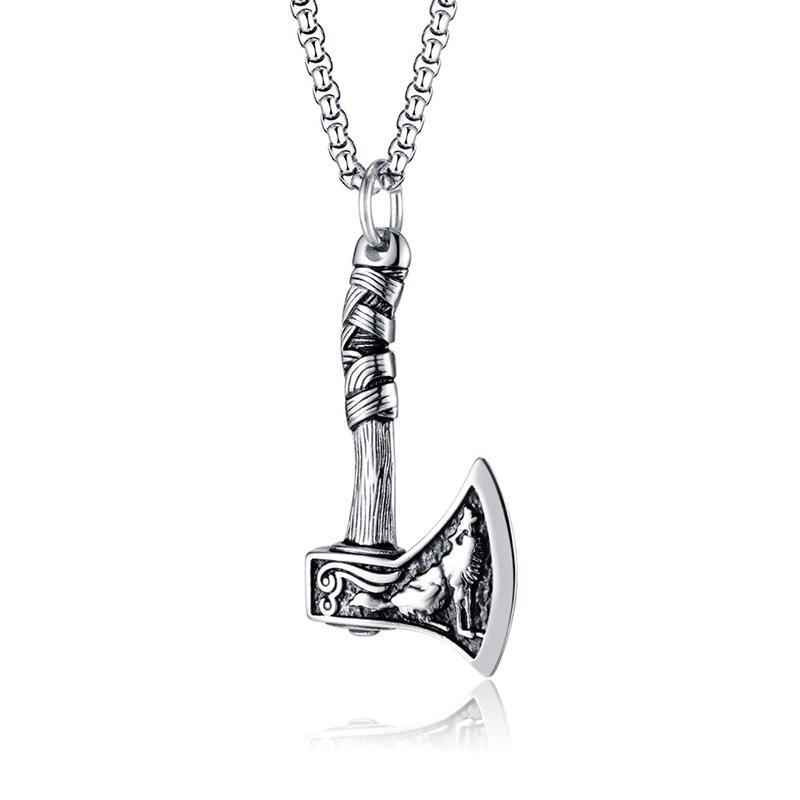Boutique Stainless Steel Viking Wolf and Odin Crow Axe Pendant Necklace Vintage Men's Nordic Popular Jewelry for Birthday Gifts