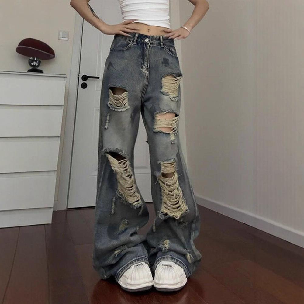 Loose Broken Hole Jeans Women Big Yards Autumn Vintage High-waisted Thin Dragging Broad-legged Long Trousers Jeans for Women Long Denim Pants