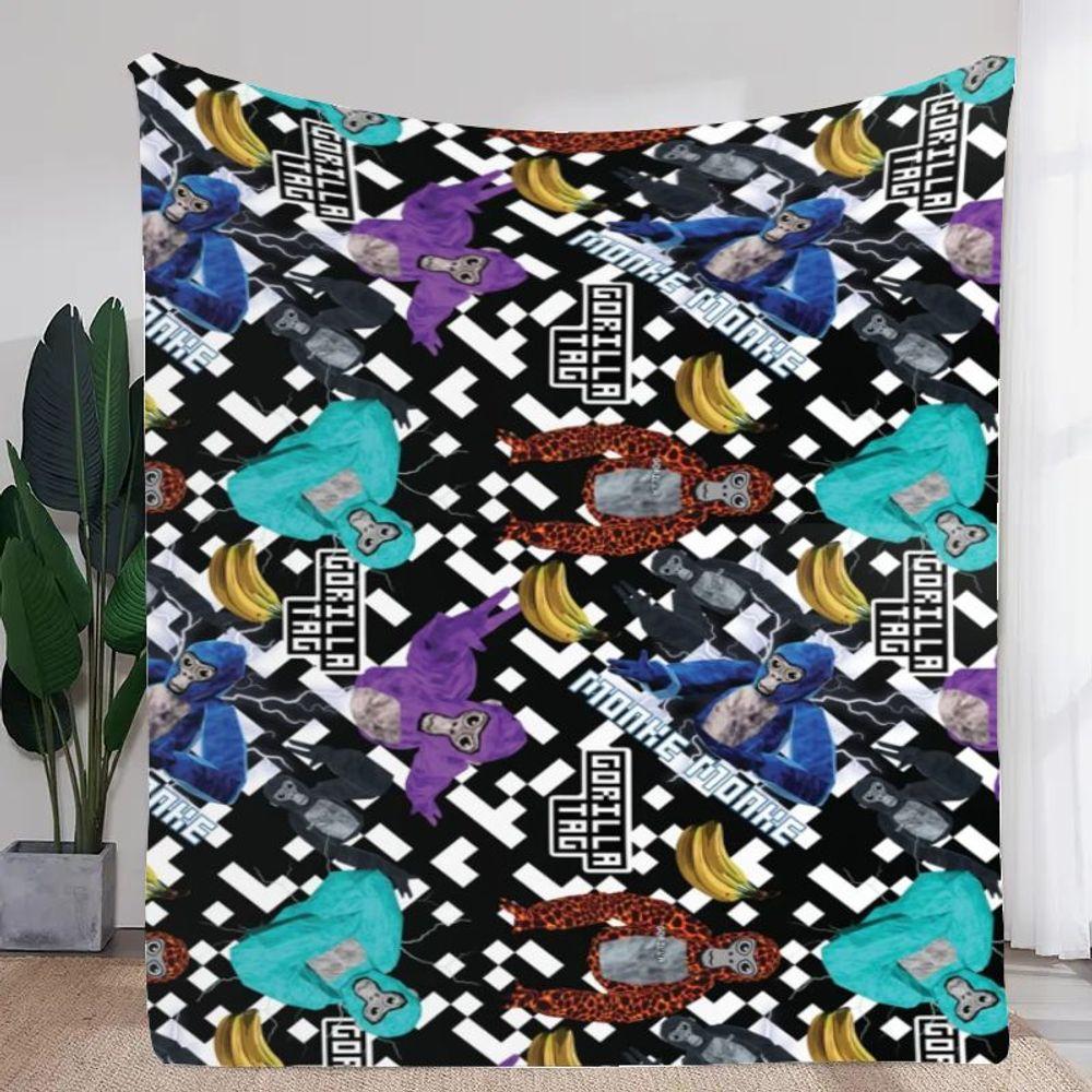 Vibrant Gorilla and Monkey Pattern Throw Blanket - Stylish Black and White Geometric Design with Colorful Hooded Monkeys, Leopar 30x40in
