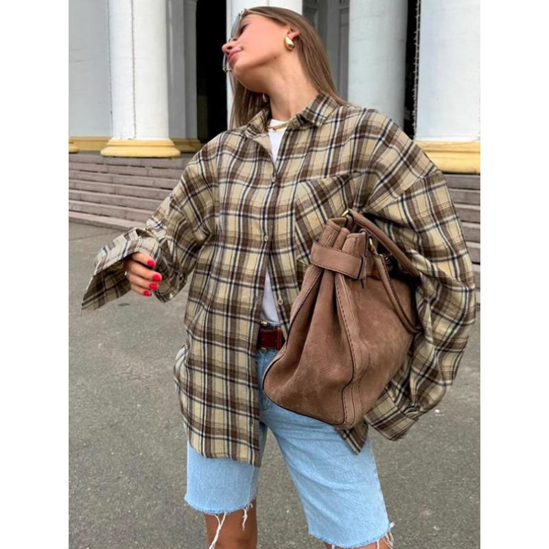 

Vintage Gingham Blouses Fashion Versatile Shirt Coat Tops Womens Dropped Shoulder Plaid Shirts Street Style Pockets Casual S дубильная кора
