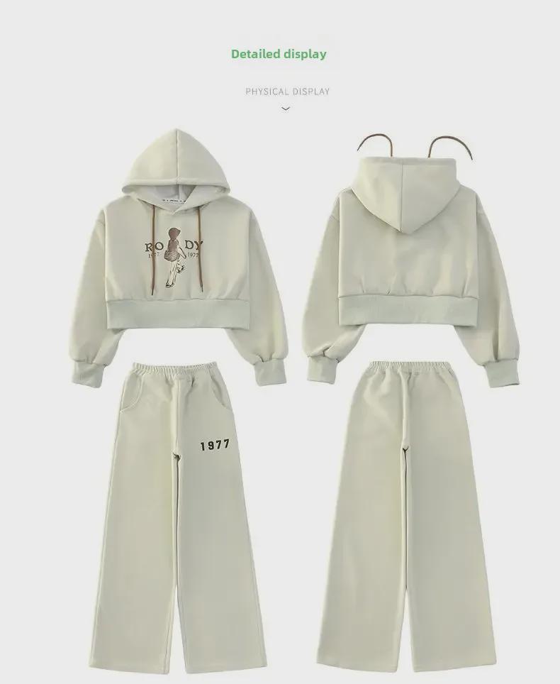 Girls' Spring/Autumn Letter Casual Hooded Sweatshirt & Trousers Set - Internet Celebrity Style Two-Piece Suit