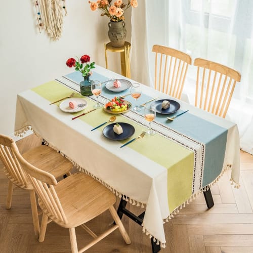 Retro Cotton Linen Tablecloth with Tassel Lace Table Cover for Party Banquet Dining Tables, Patina, 140x200cm