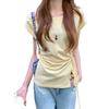 Women's Summer Korean Style Pleated Waist Lace-Up Slim Fit Short-Sleeve T-Shirt