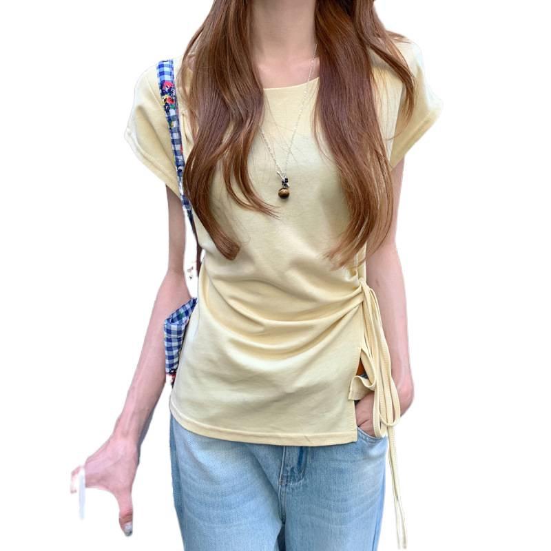 Women's Summer Korean Style Pleated Waist Lace-Up Slim Fit Short-Sleeve T-Shirt
