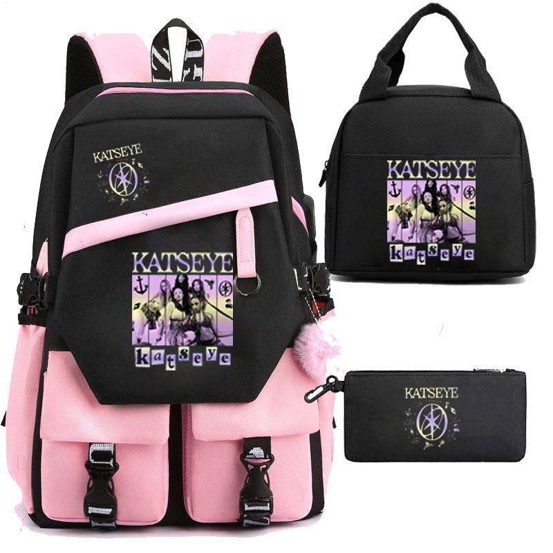 Katseye 3-in-1 School Backpack Set USB Charging Lunch Bag Pencil Case for Teenagers Students Lightweight Casual Bookbag with Large Capacity