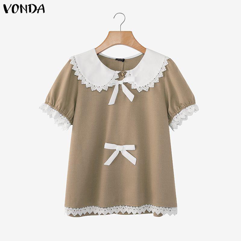 VONDA Elegant Women Turn Down Collar Lace Hem Bow Casual Short Sleeve Blouse