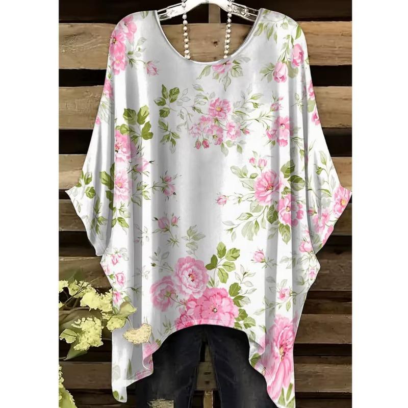 Boho Floralprint Damen T-Shirt Einfaches Vintage Unregelmäßiger Saum Rundhals T-Shirt Modische und Vielseitige Damenbekleidung