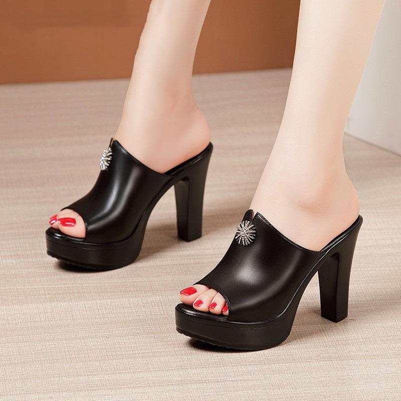 10cm Small Size 32-43 Elegant Open Head Block High Heels Shoes Summer Slippers 2025 Women's Soft Leather Slides Platform Model