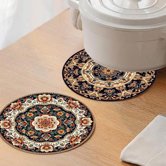 Bohemian Heat Resistant Placemats for Table Stain-Resistant Round Rubber Coasters Vintage Kitchen Dining Mats for Hot