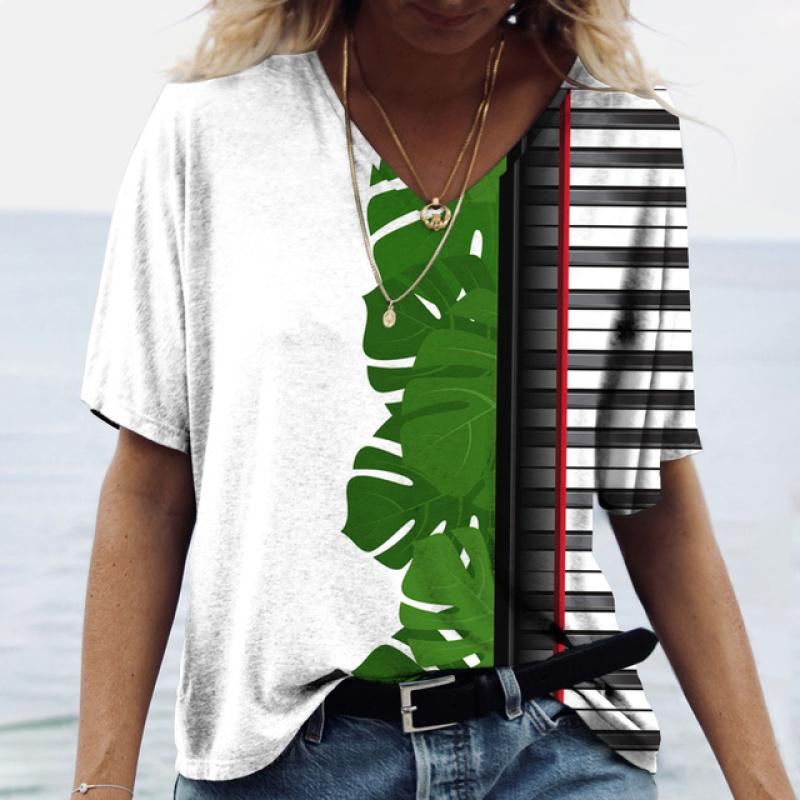 Women' T-shirt Piano 3d Print Everyday Casual Wear Oversized-shirt Funny Short Sleeve T-shirt V-neck Clothing Fitness Sweatshirt