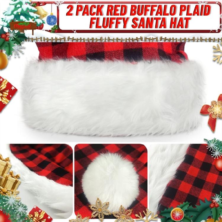 Christmas Theme Party Hat for Adult Furry Plush Trim Santa Caps with Plaids Pattern Festival Costume Noel Hat for Holiday