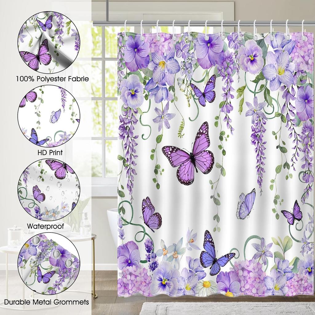 Mocsicka Purple Butterfly Shower Curtain Spring Purple Floral Butterfly Bathroom Shower Curtain Nature Garden Plant Waterproof Fabric Shower Curtain