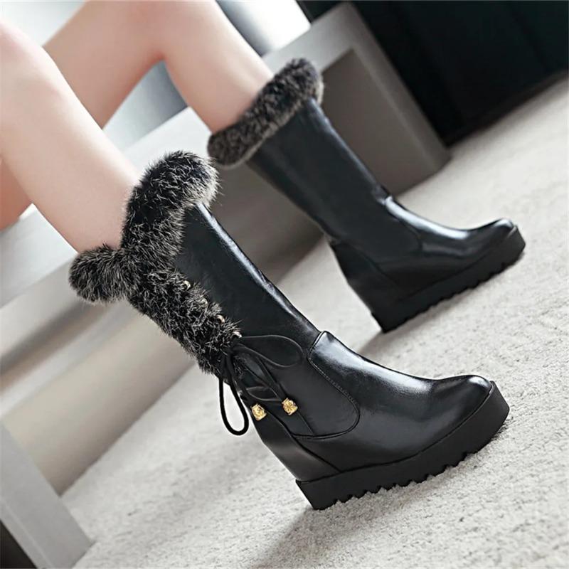 2025 Winter Womens Snow Boots Warm Fur Mid Calf High Boots  Lace-up Female Shoes Female Cute Padded Boots Zapatos De Mujer 33
