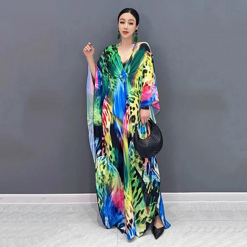 XITAO Batwing Sleeve V-neck Print Dress Loose Women ZY8774