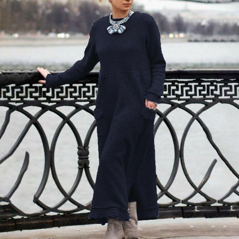 YYFS Moda donna primavera autunno tinta unita stampa manica lunga scollo a V vita larga abiti casual