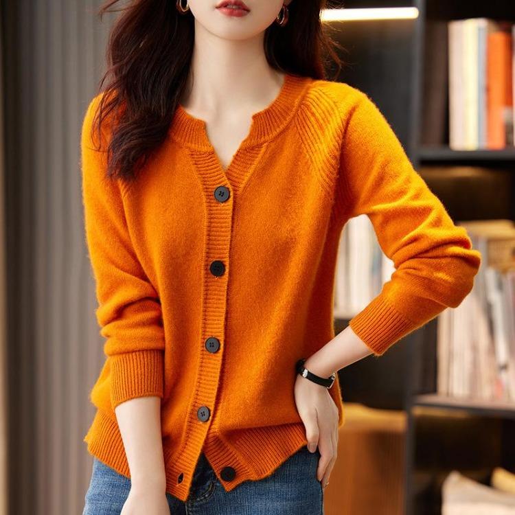 Loose Knit Cardigan for Women Versatile Long Sleeve Solid Color V Neck Jacket Autumn Winter