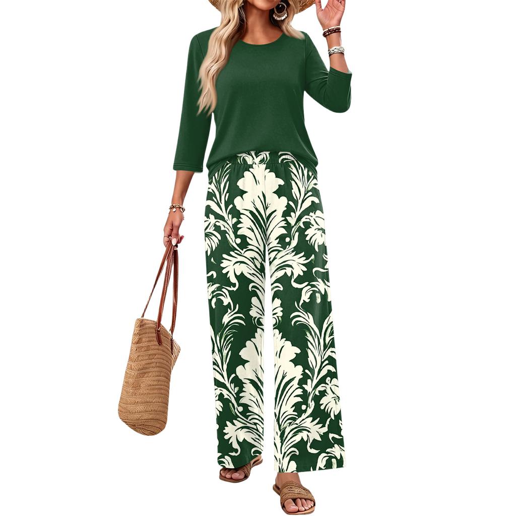 Women's Casual Loose Fit Two Piece Set Round Neck Three Quarter Sleeve Top and Wide Leg Printed Pants Lounge Outfit