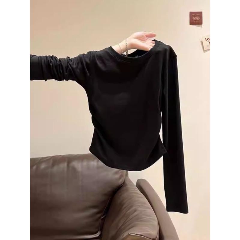 Autumn Winter Solid Irregular Folds Waist All-match Bottomed Tee Women Long Sleeve Casual Pullover T-shirt Top