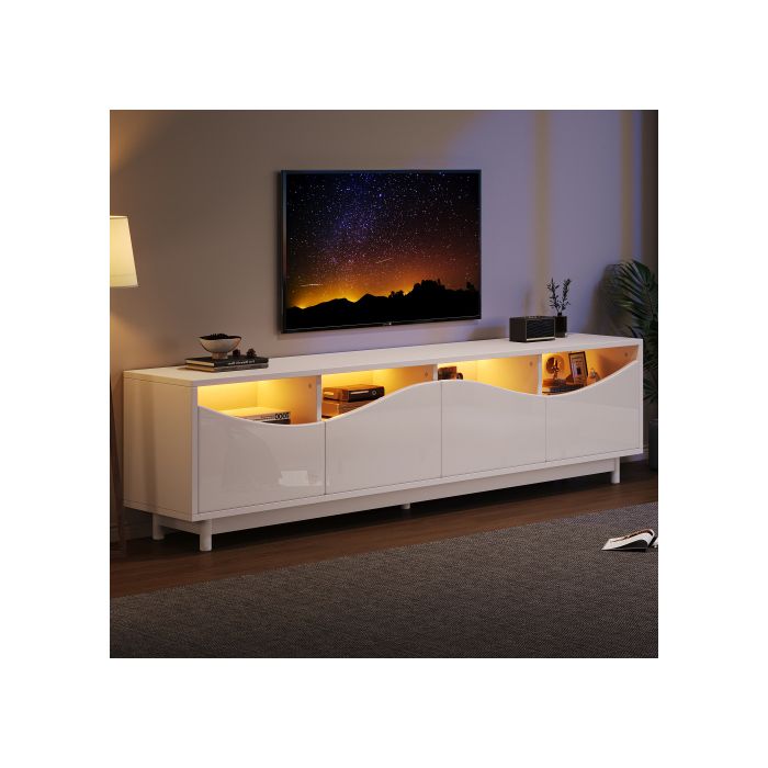 TV Stand - MUVOE - Curved Design - Glossy White - LED Lighting - 175 X 38 X 51 Cm