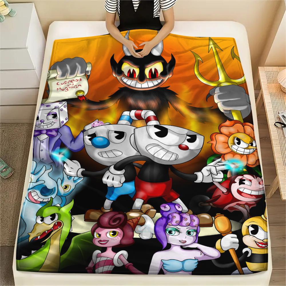1Pc Cuphead Print Flannel Blanket, High Quality Comfortable for All Seasons, Home Decor, Warmth and Comfort, Perfect for Christmas Gifts