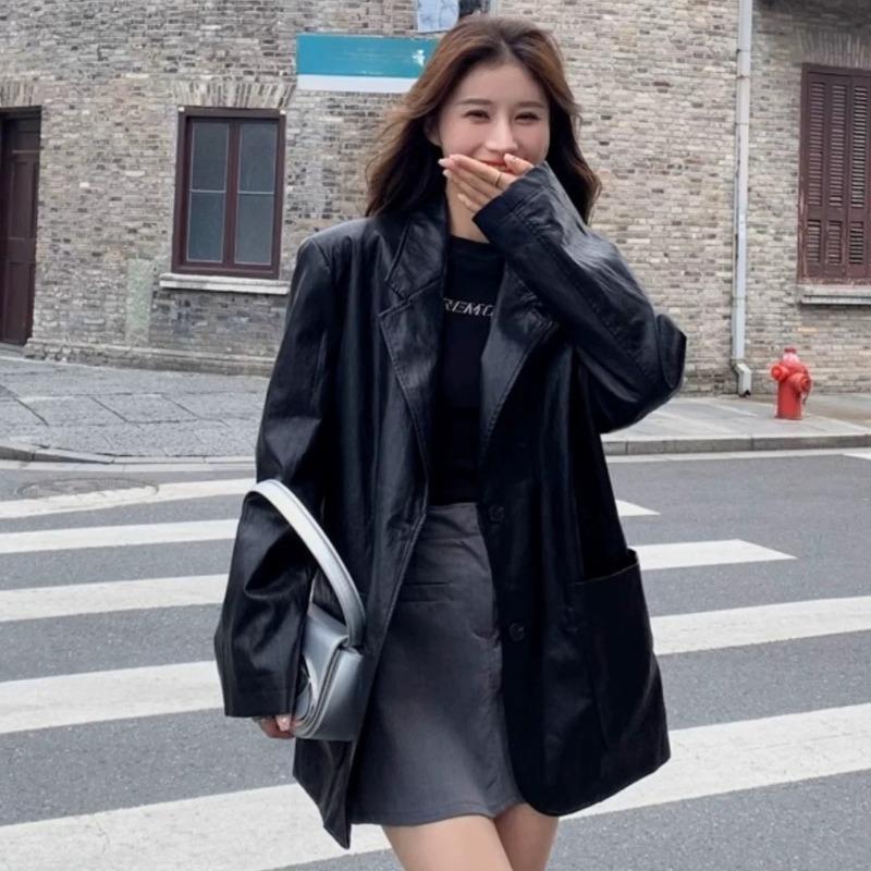 Women Black Vintage PU Leather Blazer Spring Autumn Retro Stylish Elegant Oversized Jacket