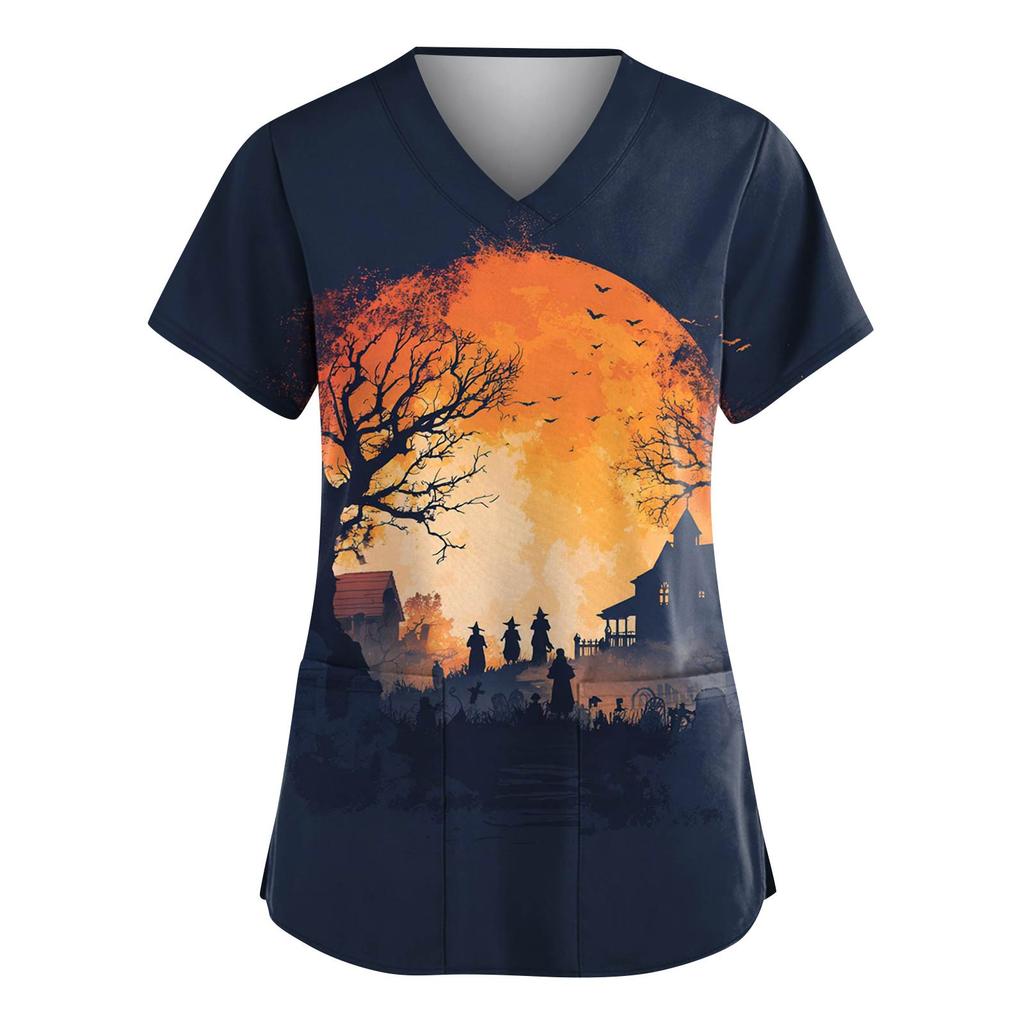Moda Femenina Monos de Manga Corta con Cuello en V con Bolsillos Tops Estampados de Halloween Ropa