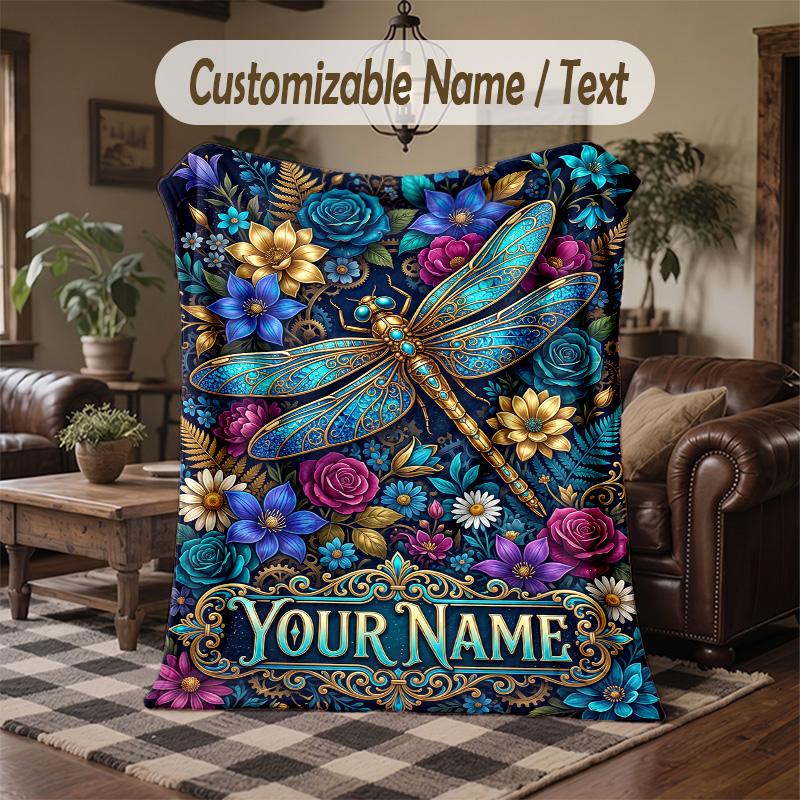 Dragonfly Dreams Bloom 1 Theme Throw Blanket Custom Name Text Personalized Blanket Soft Cozy Blanket for Home Sofa Bed