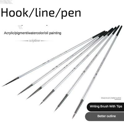 JOWOART 6pcs/set Miniature Ligne Crochet Aquarelle Gouache Bicolore Poils Nylon Pinceau Peinture à l'Huile Stylo Acrylique Tige Longue Argentée Fournitures d'Art