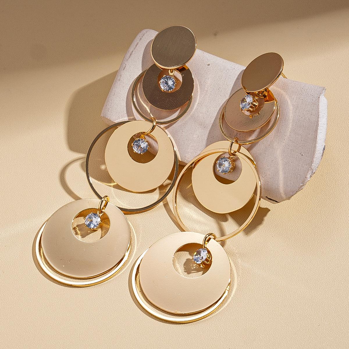 Metallic glossy zircon geometric round silver needle earrings personalized exaggerated earrings