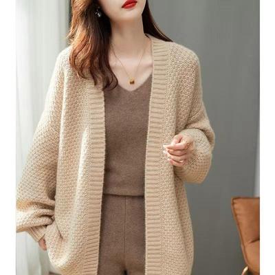 Manteau cardigan mi-long rétro français pour femme - Pull ample en tricot épais style navetteur automne/hiver
