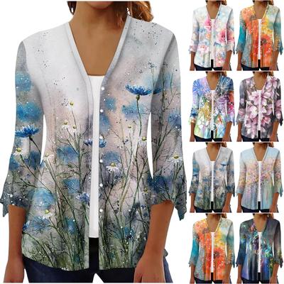 Dámská móda Volné Ležérní Tištěný Sedmidílný rukáv Halenka s knoflíkem a zapínáním Cardigan Top
