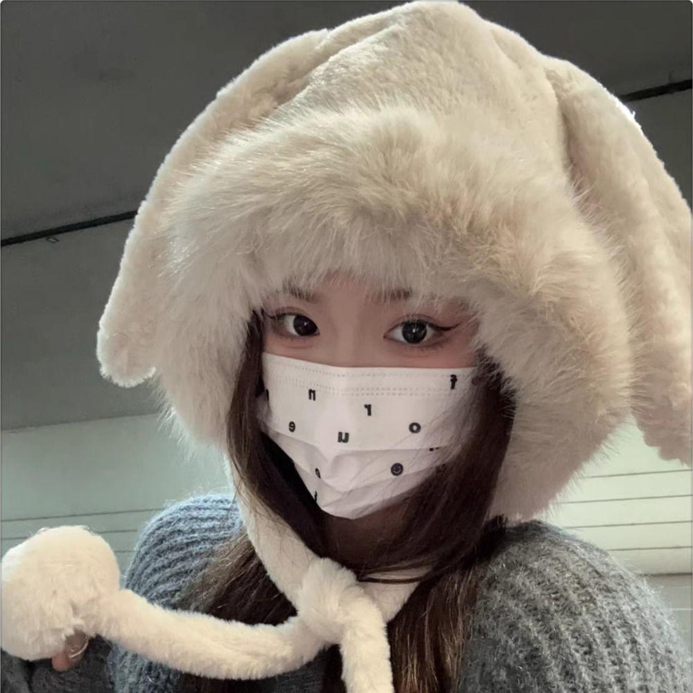 Warm Plush Ear Protection Hat Cute Bucket Hat New Big Rabbit Ears Hat  Women
