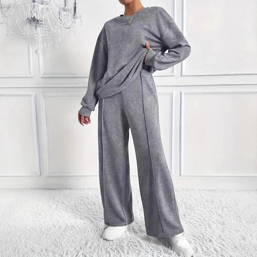 

New Fashionable Solid Color Women s Two-Piece Set: Round Neck, Long Sleeve Top, and Long Pants Medium темно-сірий