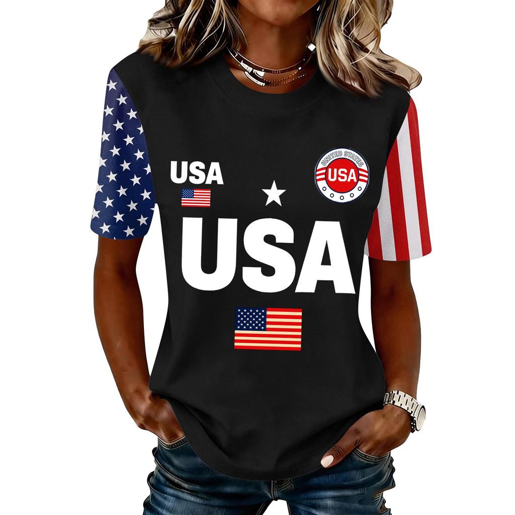 Blusa Feminina da Moda Casual de Manga Curta com Estampa e Gola Redonda